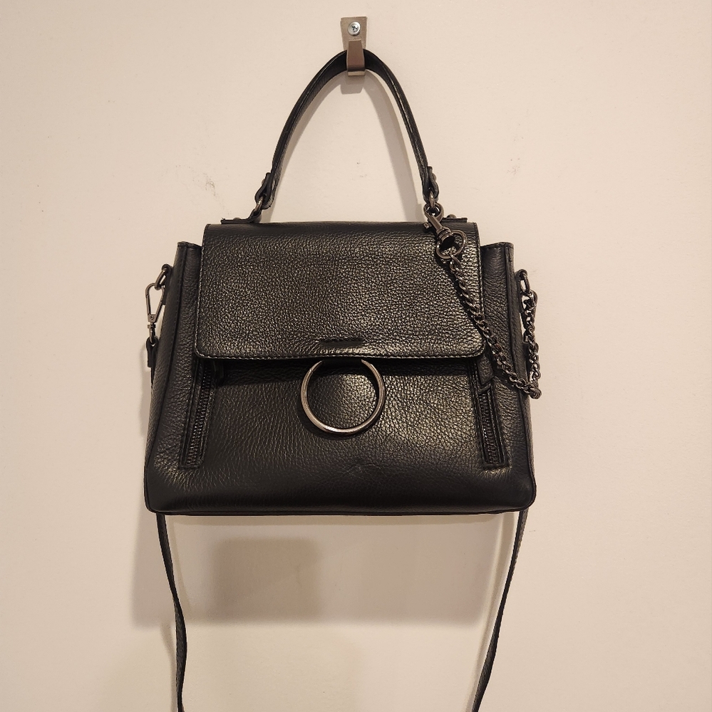 HP🎉 Italian 100% Leather Retro Goth Punk Black Top Handle Bag With Chain